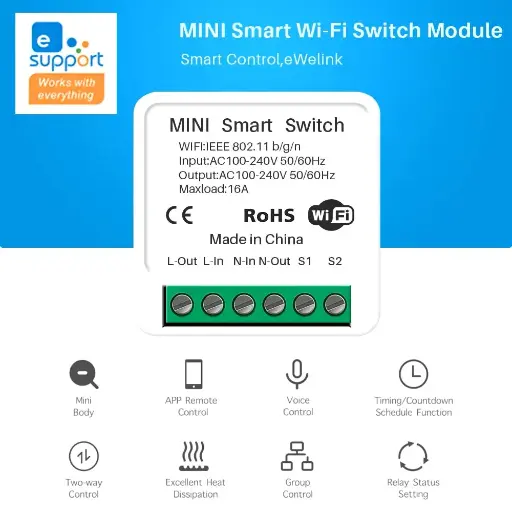 eWeLink 16A Mini Comutator Inteligent Wifi DIY cu Suport pentru Control Bidirecțional pentru Automatizarea Casei Inteligente, Funcționează cu Alexa și Google Assistant, Control de la Distanță.
