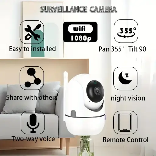 Camera de Securitate WiFi HD1080P pentru Acasă - Wireless, Viziune Nocturnă Color, Audio Bidirecțional, Detectare Mișcare pentru Tineri și Siguranța Animalelor