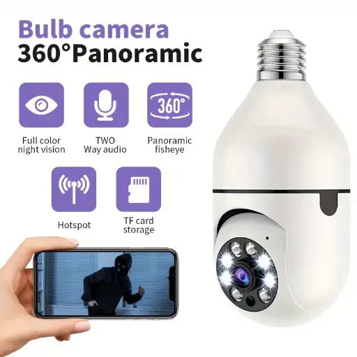 Bec WiFi Inteligent cu Cameră și Urmărire Automată a Mișcării, Viziune Nocturnă Alb-Negru, Audio Bidirecțional, Lentilă cu Unghi Larg - Transmisie în Timp Real & Monitorizare de la Distanță, 110V-240V